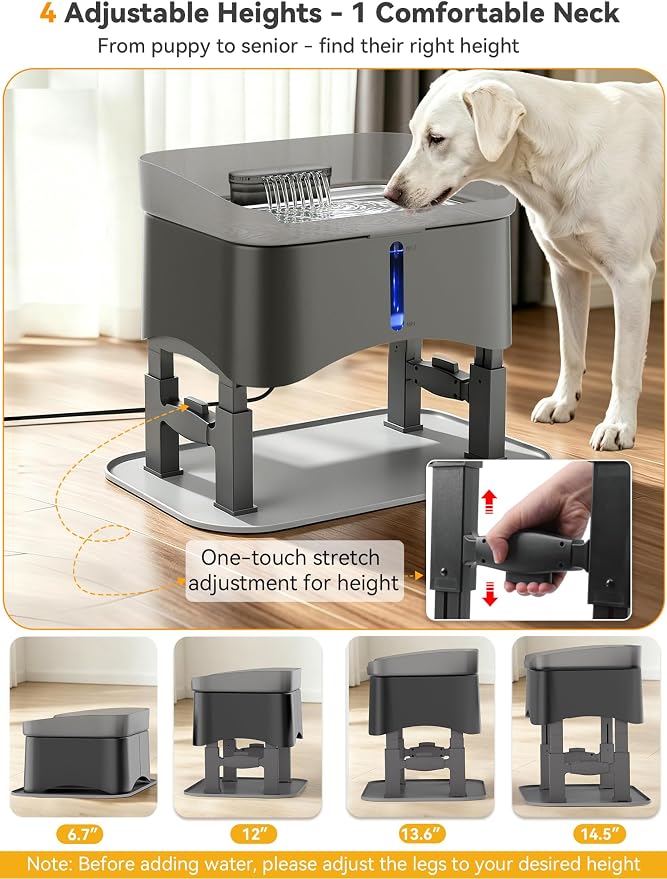 11L Elevated Dog Water Fountain No-Spill with 4 Heights Adjustable | Large Capacity, No-Splash, Anti-Slip Mat, 304 Stainless Steel Tray, 5-layer Filtration, for Senior/Large Dog & Multi-Pet Home