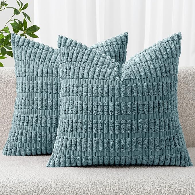 MIULEE Corduroy Decorative Throw Pillow Covers 16x16 Coastal Blue Pack of 2 | Soft Boho Striped Pillow Covers Modern Farmhouse Home Decor For Sofa Living Room Couch Bed