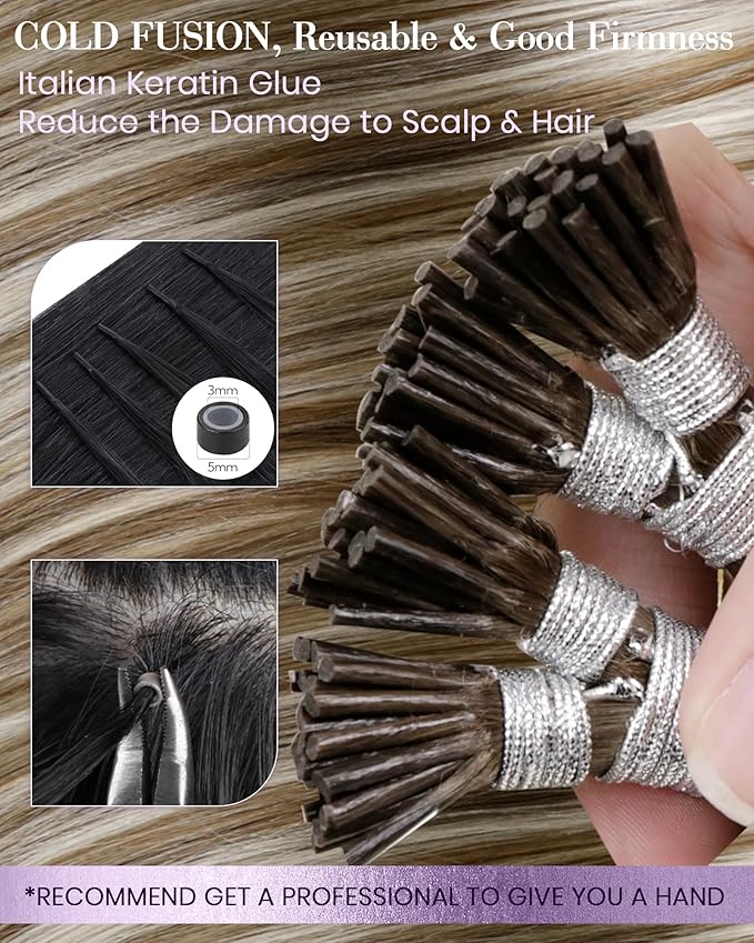 LaaVoo I Tip Hair Extensions Brown Ombre Platinum Blonde Mix Medium Brown ITips Hair Extensions Pre Bonded I Tips Extensions Real Human Hair Silky Long Straight 50g/50s 22 Inch