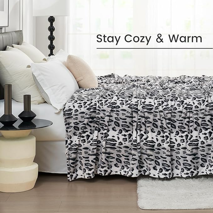 Cozy Bliss Leopard Print Fuzzy Throw Blanket for Couch & Bed, Thick Soft Warm Fleece Blankets for Room Decor, for Girls Kids Women Men, Snow Leopard, Grey 50"*60"