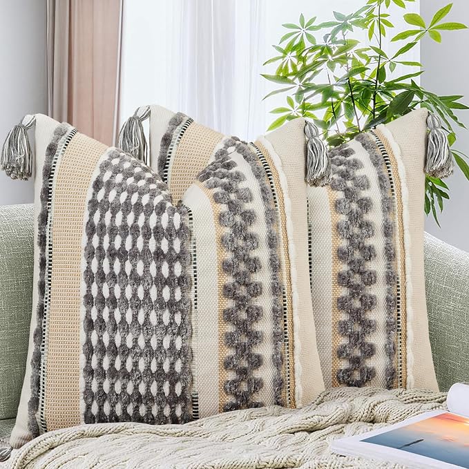 Set of 2 Chenille Striped Textured Boho Throw Pillow Covers Aesthetic with Tassels Woven Decorative Pillow Case for Couch Bed Sofa Bedroom Modern Funky 18 x 18-Inch Grey White
