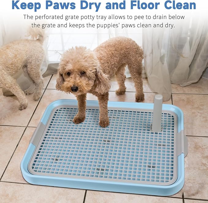 CUHIOY Dog Potty Tray Toilet 20"x14", Indoor Pee Pad Holder, Blue | With 8pcs Training Pads, Puppy Pee Mesh Potty Pan, Secure Latch Doggy Bathroom Litter Box for Small Medium Puppies