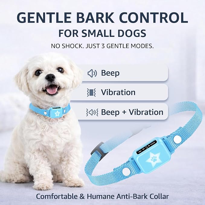 Bark Collar for Small Dogs 5-15 lbs with Magnetic Charging – No Shock, 3 Beep & Vibration Modes, 5 Sensitivity Levels - Humane Stop Anti-Barking Device - Dog Training Bark Collar (Sky Blue)