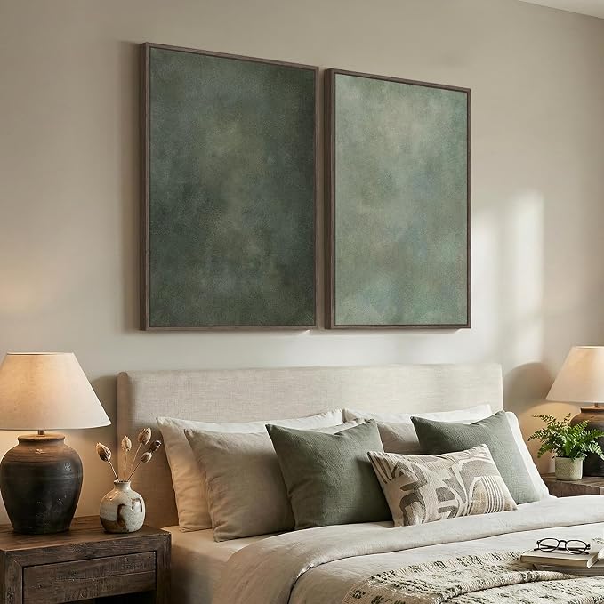 Large Framed Green Abstract Wall Art Set of 2, Modern Sage Green Canvas Prints Paintings Artwork for Walls, Minimalist Pictures for Living Room Dining Room Bedroom Office Wall Decor 24x36 In
