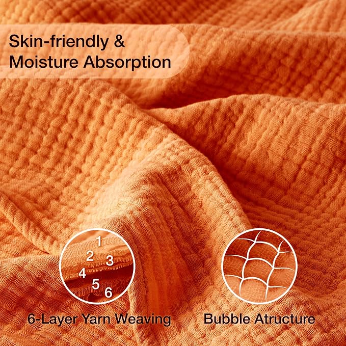 100% Cotton Muslin Blanket 50"x 60", 6 Layers Breathable and Lightweight Cotton Throw Blankets for Couch, Soft Cooling Summer Gauze Blanket for Adults All Season, Burnt Orange