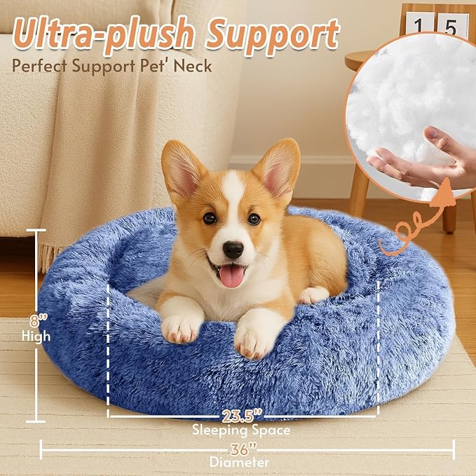 JOLLYVOGUE Calming Dog Beds Large Sized Dog, 36in Donut Washable Large Pet Bed, Anti-Slip & Anti-Anxiety Fluffy Faux Fur Round Dogs Bed, Fits up to 80 lbs Pets (Navy Blue)