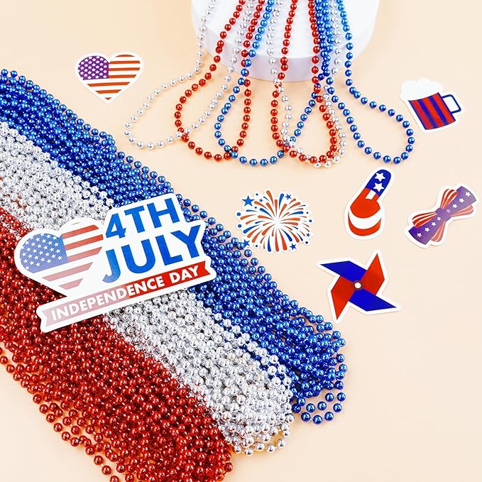 SHAOQINLIN 12 PCS Silver Mardi Gras Beads, 33" Silver Christmas Necklaces, Metallic Patriotic Beads Necklaces, Parade Throws Accessories for Christmas Independence Day New Year Party Favors