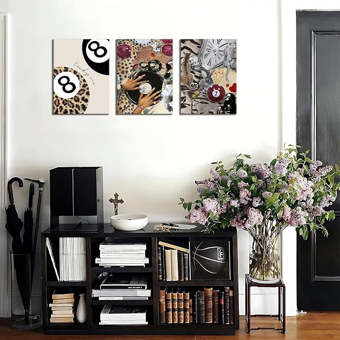 Trendy Leopard Wall Art Set of 3 Cheetah Canvas Aesthetic Wall Decor Funky Black Girl 8 Ball Lucky Poster Prints Pictures Artwork for Bedroom Living Room 16x24 Inch Framed