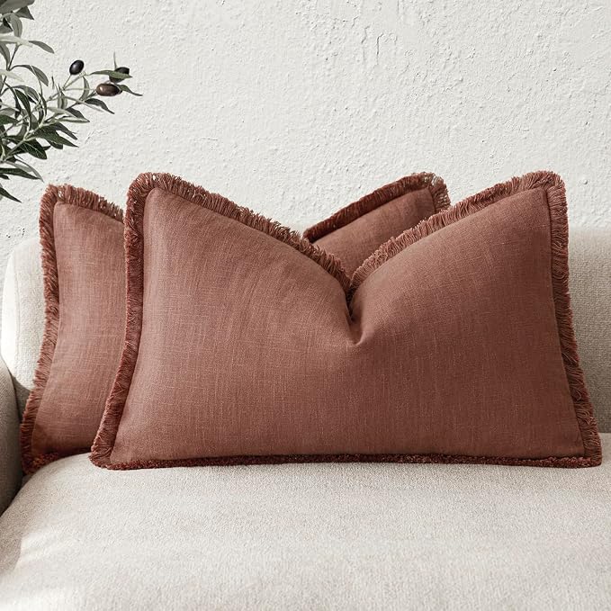 Foindtower Set of 2 Decorative Linen Fringe Lumbar Throw Pillow Covers Boho Farmhouse Cushion Cover with Tassels Soft Accent Pillowcase for Couch Sofa Bed Living Room Home Decor,12×20 Inch,Rust Red