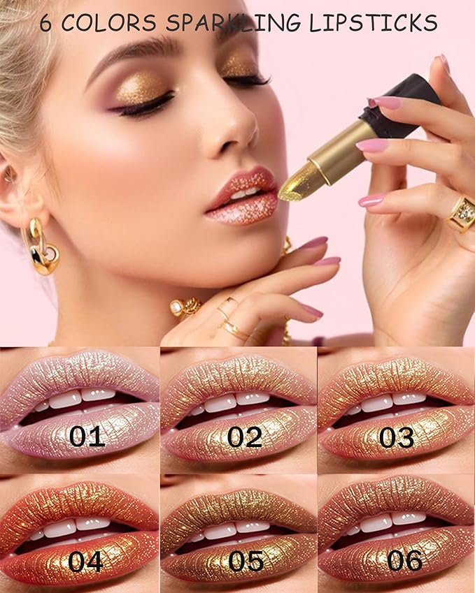 6 Pcs Metallic Glitter Lipstick Set, Sparkling Shimmer Lip Stick High Pigmented Lip Gloss for Women, Diamond Shiny Long Lasting 24 Hours Waterproof Non-Stick Lipgloss Lips Color labiales Makeup Gift-C