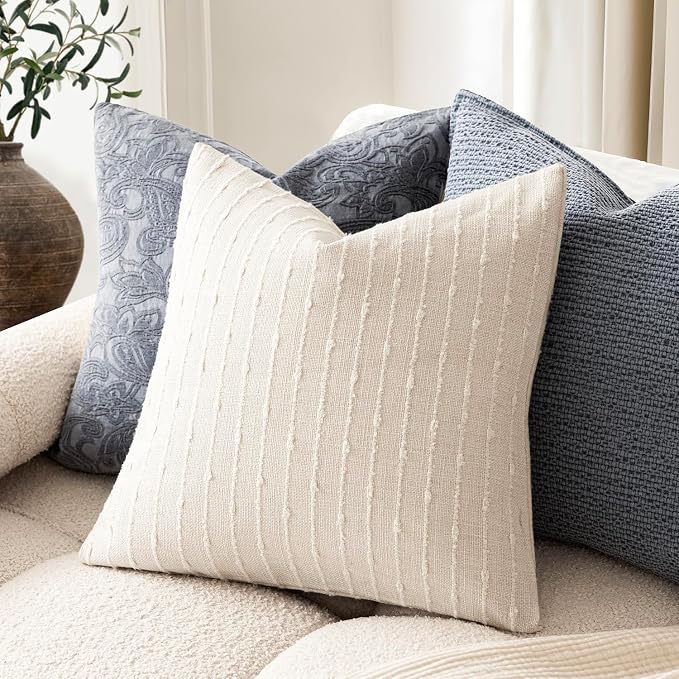 Foindtower Pack of 2 Decorative Jacquard Boucle Throw Pillow Covers Accent Textured Striped Pillowcases Cozy Modern Cushion for Couch Sofa Bedroom Living Room Home Decor 18x18 Inch Cream White
