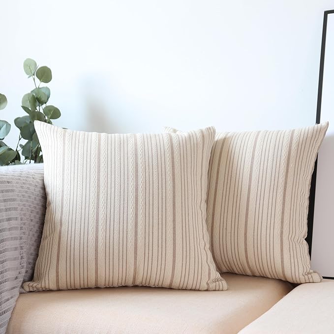 Tan Outdoor Striped Set of 2 Throw Pillow Covers 20x20 Cream Beige | Pack of 2 Pillow Cases Farmhouse Decorative Square Throw Pillows for Couch Sofa Bed