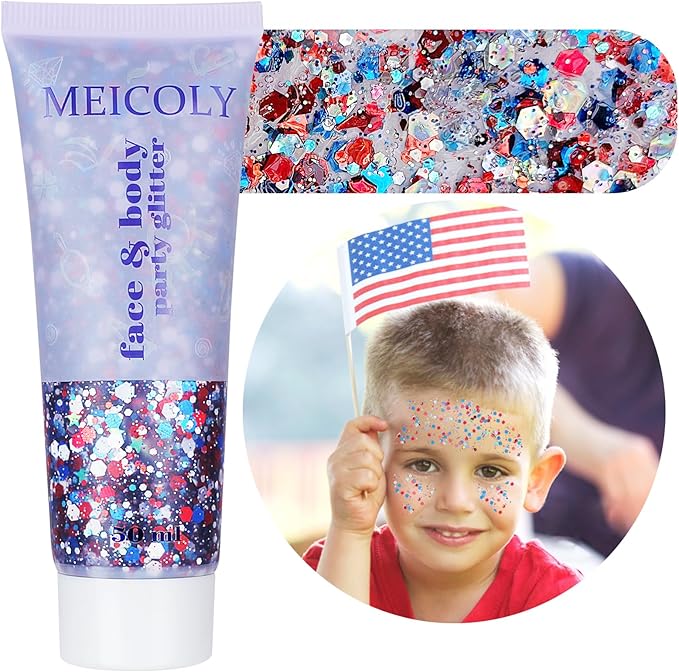 Red White and Blue Face Glitter,4th of July Hair Glitter for Kids,Fourth of July Patriotic Face Glitter,Sparkle Festival Sparkling Body Glitter Makeup,4th of July Outfits for Women Accessories,50ml