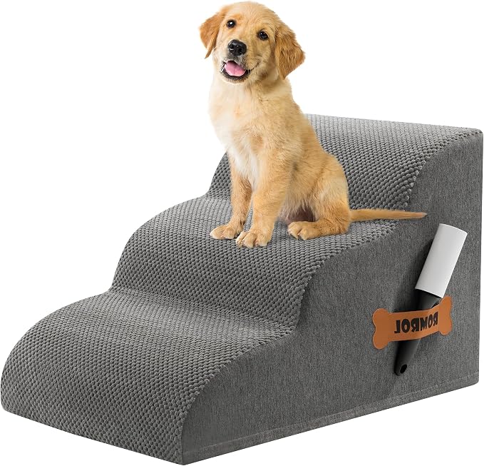 Romrol Dog Stairs Ramp for High Bed, 33D Pet Stairs Steps 15.7” H with Durable Non-Slip Waterproof Fabric Cover, Dog Slope Stairs to Bed for Small Dogs and Cats or Pets Joints, 3-Steps