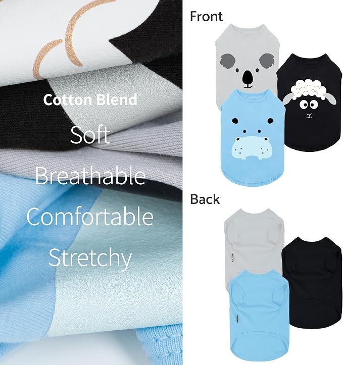 Fitwarm 3 Pack Hippo Sheep Koala Dog Shirt, Summer Clothes for Small Dogs Boy Girls, Funny Pet Outfit, Black, White, Gray, Blue, Medium