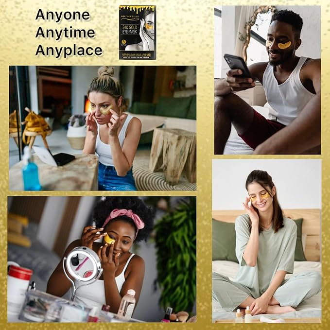Heather's Lux 24K Gold Eye Masks Under Eye Patches Eye Gels for Dark Circles, Puffy Eyes, Puffiness, Wrinkles, Fine Lines, Rejuvenating, Hydrating, Anti-Aging (20 Pairs per Box)