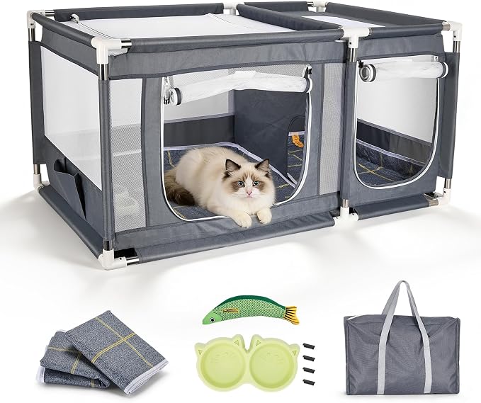 2-in-1 Cat Playpen 46x29.5x23in Enclosure with Litter Box Area