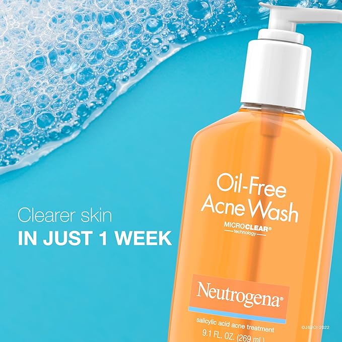 Neutrogena Oil-Free Acne Wash, Acne Fighting Facial Cleanser with Salicylic Acid Medicine, Acne Treatment for Face, Non-Comedogenic, Residue-Free, 9.1 fl oz Pump Bottles, 3 Pack