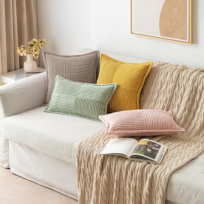 MIULEE Decorative Lumbar Throw Pillow Covers 12x20 Inch Light Brown 2 Pack | Boho Broadside Striped Patchwork Pillow Covers, Soft Corduroy Cushion Cases, For Couch Sofa Bed Livingroom Home Decor