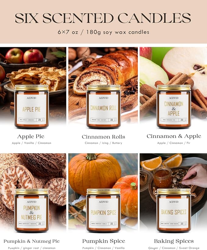 AOOVOO Fall Scented Candles - 6 PC Candle, 42 oz Soy Candles, Soy Candle for Home Scented, Apple Pie/Cinnamon Roll/Cinnamon Apple/Pumpkin Nutmeg Pie/Pumpkin Spice/Baking Spice