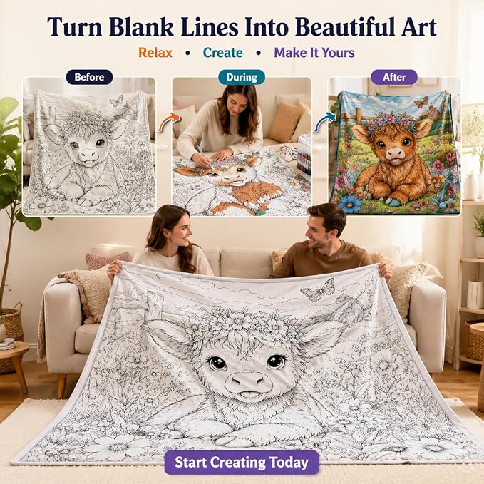 VEELU DIY Coloring Blankets with 24 Colors Markers for Adults | Custom Color In Your Own Blankets With 24 Colors Markers, Snuggle Color Sketch Washable Blankets Kit Home Decor