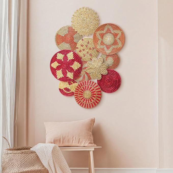 Tatuo 11 Pcs Boho Wall Basket Decor Bulrush Woven Wall Hanging Art Round Farmhouse Rustic Handmade Wicker for Summer Home, Bedroom, Living Room, Kitchen Decorations, Multi Sizes(Pink)