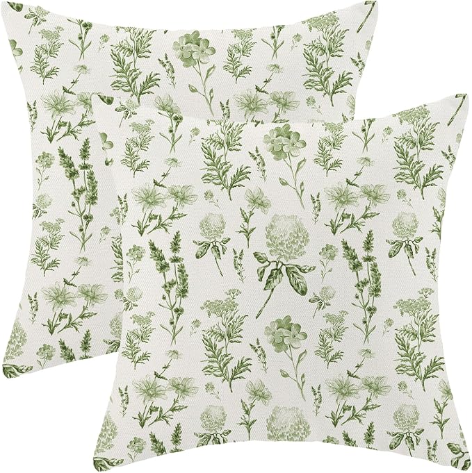 AEIOAE Sage Green Spring Pillow Covers 16x16 Inch Set of 2, Wild Flower Leaves Plant Throw Pillows Case,Seasonal Floral Outdoor Decorative Farmhouse Decor Cushion Covers for Home Sofa Bed Couch