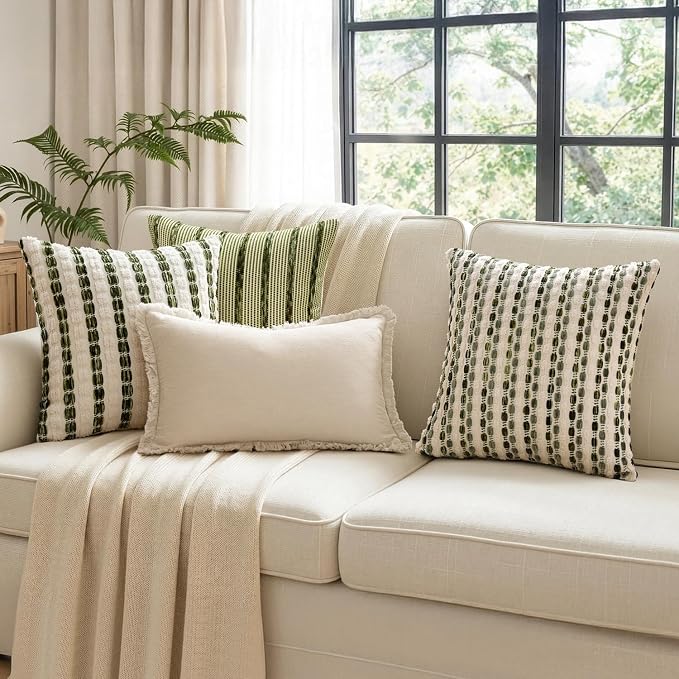 ANRODUO Boho Decorative Pillow Covers Olive Stripe 20x20 Inch Set of 2 | Woven Chenille Decorative Cushion Case with Striped Farmhouse Accent Neutral Pillowcase for Couch Sofa Bed Living, Room Decor