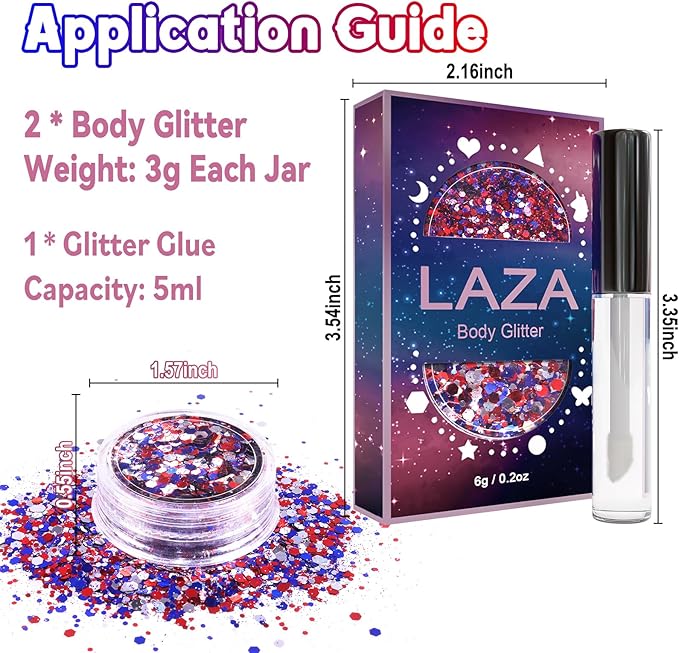 Laza Independence Day Body Glitter, 2 Jars Olympic Red Blue White Chunky Sequins with Glue Women Eyeshadow 4th of July Face Paint Festival Rave Outfit Hair Accessories Party Costumes – Circus Carnival