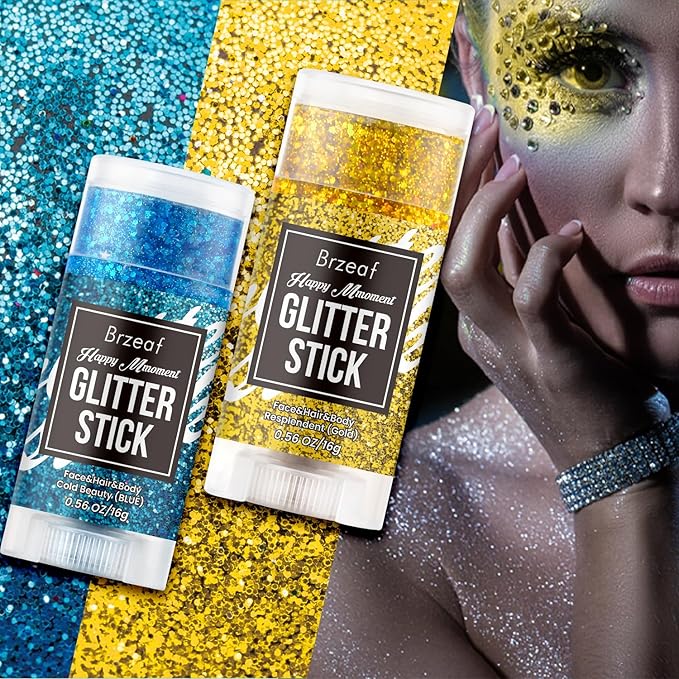 Brzeaf Waterproof Blue Glitter Stick, Christmas Festival Rave Accessories, Safe Ingredients & Long Lasting, Hair Eyeshadow Face Glitter Stick, Singer Concert Music Rave Festival, Glitter Makeup