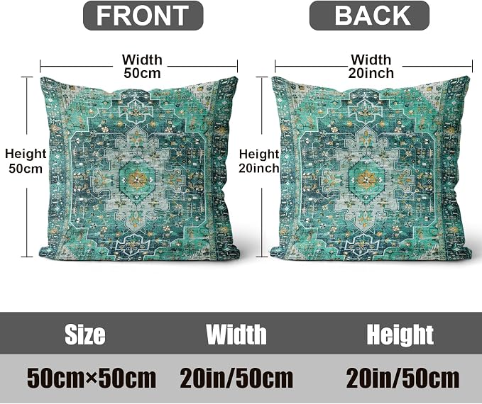 Boho Throw Pillow Covers 20x20 inch Set of 2,Soft Pillowcases Bohemia Carpet Printing Pattern Decorative Sofa Living Room Bed Square Pillow Case Cushion Cover-Cyan