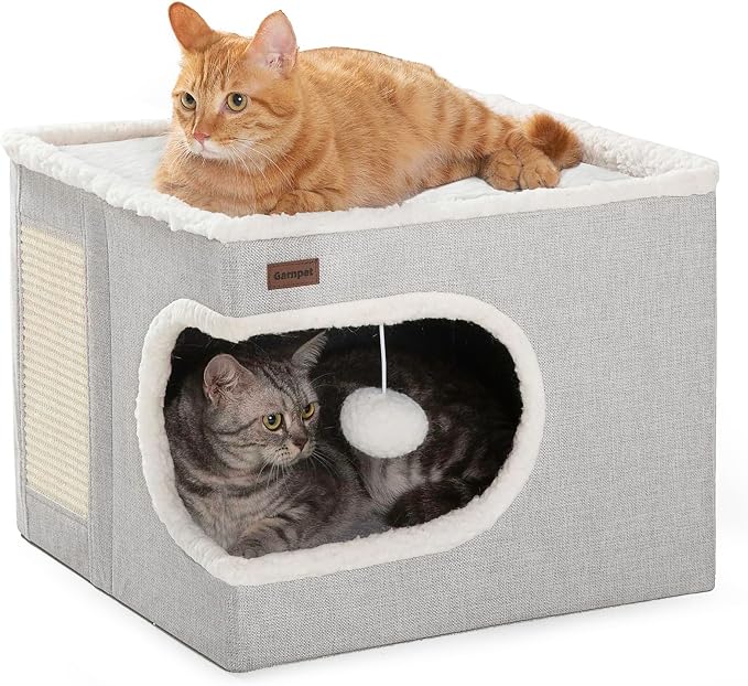 Garnpet Cat Bed for Indoor Cats Cube House, Covered Cat Cave Beds & Furniture with Scratch Pad and Hideaway Tent, Cute Modern Cat Condo for Multi Small Pet Large Kitten Kitty, Grey