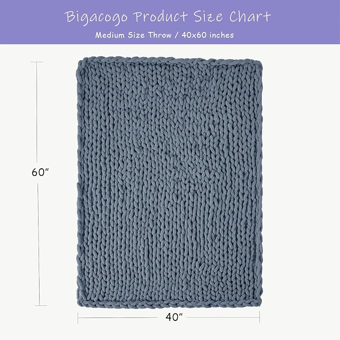 Bigacogo Chunky Knit Throw Blanket for Couch, 40x60 inches, Cold Sea Blue | Hand Knit with Jumbo Chenille, Soft Breathable Cable Knit for Sofa Bed Living Room, Machine Washable, Gift for Mom Friend