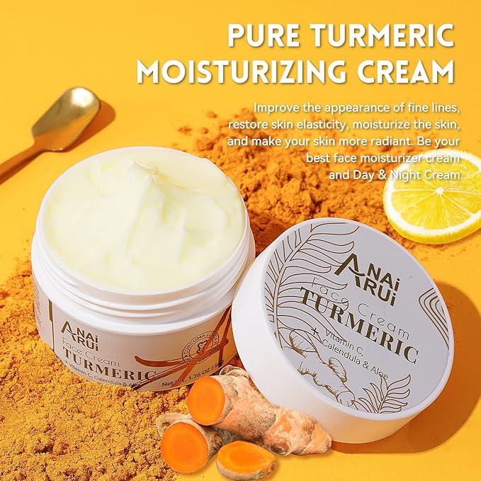 ANAI RUI Facial Moisturizer, Turmeric Face Cream with Vitamin C for Hydrating, Firming, Tightening Skin, Turmeric Vitamin C Cream for Dark Spots, Dry Skin, 1.76 OZ