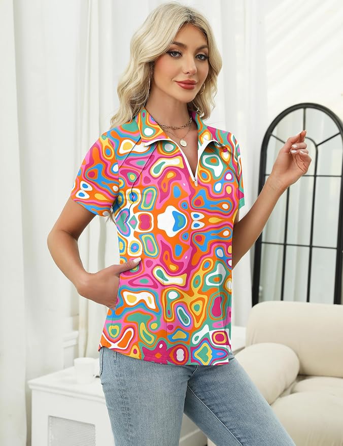 LOMON Womens Golf Polo Shirt Summer Short Sleeve Quarter Zip Outfit | Side-Pockets,Princess Seams,Cotton,Wrinkle Free,Moisture Wicking,Quick-Dry,Lightweight,Collared,for Tennis Workout