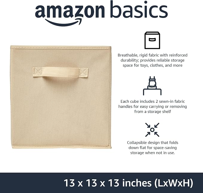 Amazon Basics Collapsible Fabric Storage Cube Bins Organizer with Handles for Organization and Organizing Solution, 13"x13"x13", Beige, 6-Pack