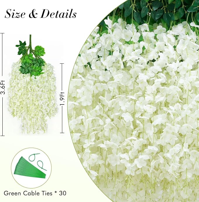 60 Pack White Wisteria Hanging Flowers, Fake Hanging Flowers for Decoration, Artificial Hanging Flowers, Vines for Bedroom, Flower Garland for Home, Party, Garden, Wall, Wedding Decoration(3.6 Ft/Pcs)