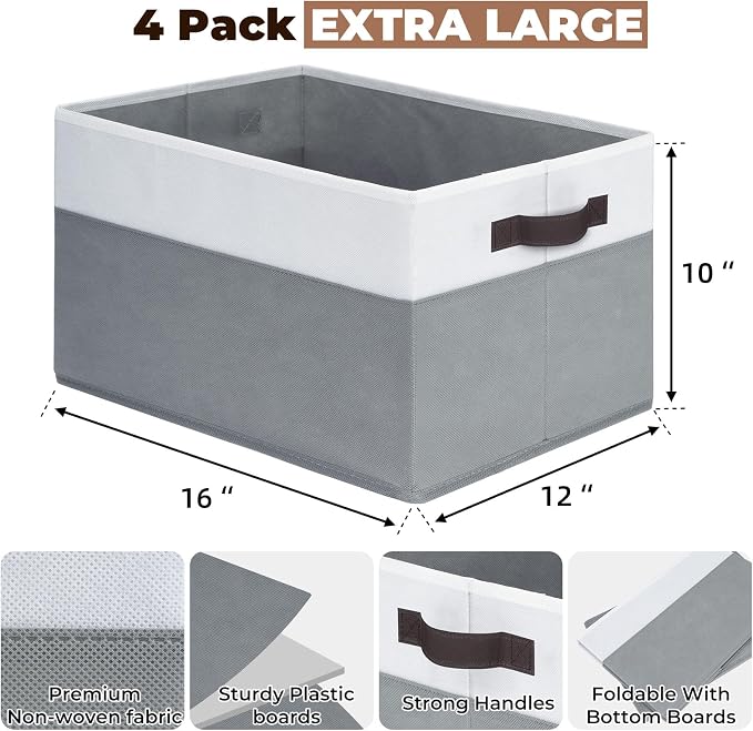 Extra Large Storage Bins 4 Pack - 16x12in Closet Organizers and Storage Baskets for Organizing Clothes Toy Blanket - Fabric Storage Cubes Containers for Shelves - All Room Organization