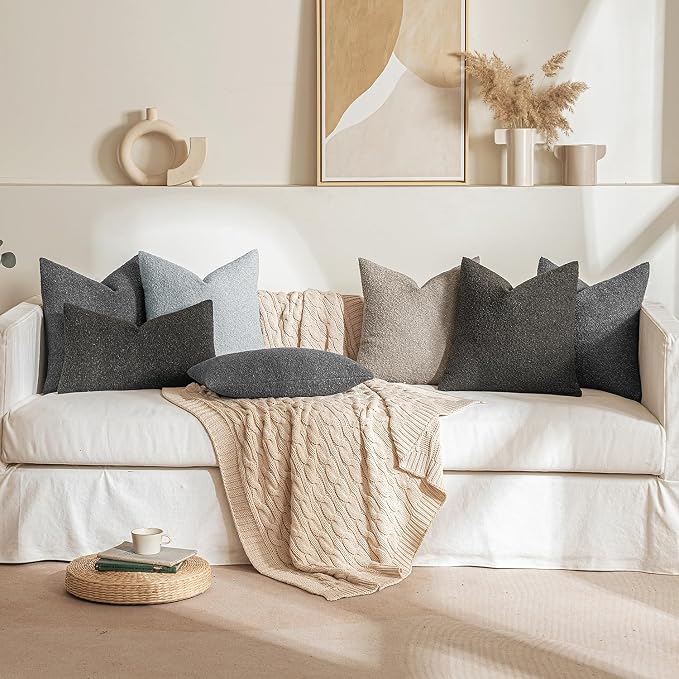 MIULEE 22x22 Decorative Euro Sham Boucle Couch Pillow Covers Charcoal | Set of 2 Textured Neutral Throw Pillow Covers, Accent Solid Pillowcases, Sofa Living Room Home Decor