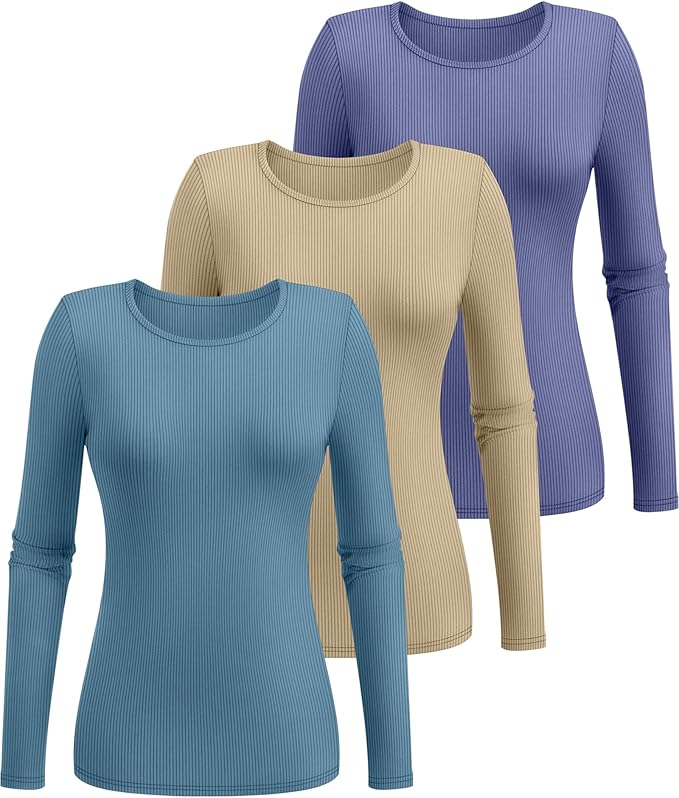 Ficerd 3 Pack Women's Ribbed Long Sleeve Tops, Crew Neck Slim Fit Undershirts Knit Basic Casual Stretch Layering Tee Shirts