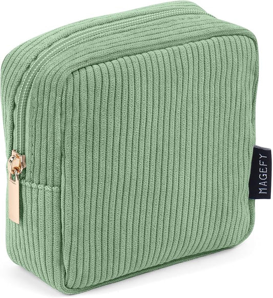 MAGEFY Small Makeup Bag for Purse Mini Cosmetics Bag Corduroy Cute Cosmetic Pouch for Women with Slip-in Pockets
