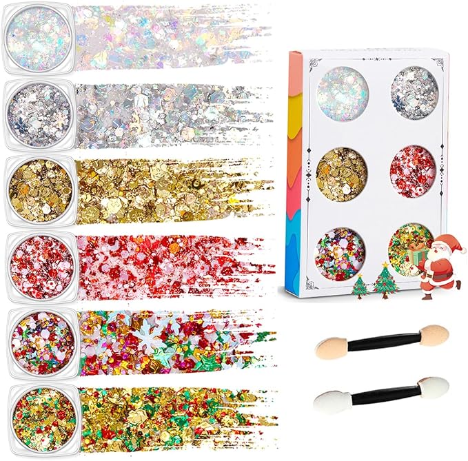 Christmas Body Glitter Red Face Glitter Colorfu Hair Glitter Gel Gold Face Paint Rave Makeup Glitter Festival Face Gems 6 Shapes Chunky Glitter Gel for Women Girls