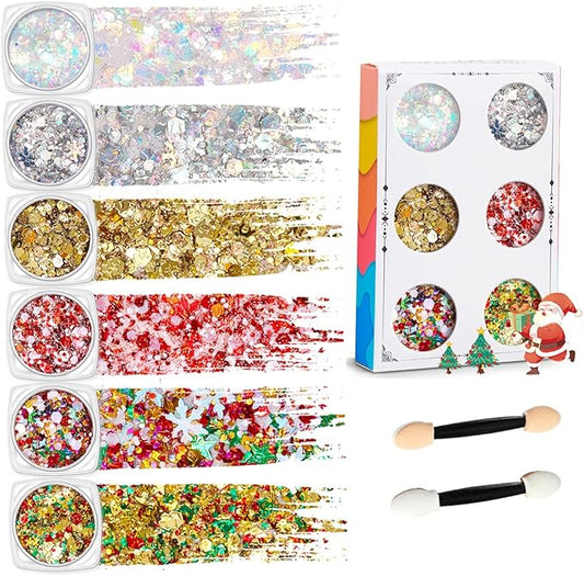 Christmas Body Glitter Red Face Glitter Colorfu Hair Glitter Gel Gold Face Paint Rave Makeup Glitter Festival Face Gems 6 Shapes Chunky Glitter Gel for Women Girls