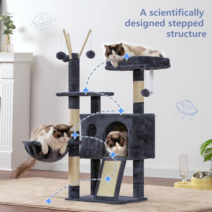 Hey-brother Cat Tree Tower with Removable Toys, Scratching Posts, MPJ008SG | 41.3 Inches Plush Cozy Condo with Platform, Hammock, Sisal Scratch Board and Ball for Indoor Cats, Smoky Gray