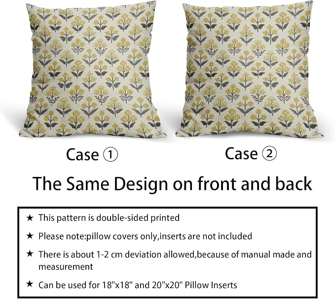 Black Yellow Floral Pillow Covers 16x16 Inch Set of 2, Vintage Flower Block Print Spring Summer Decorative Throw Pillowcases Outdoor Rustic Farmhouse Cushion Covers Seasonal Sofa Couch Bed Decor