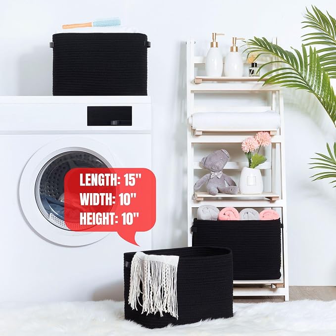 3-Pack Storage Baskets for Shelves, Decorative Baskets for Organizing, Woven Baskets for Storage, Book Basket Cube Bin Box, Pantry Closet, Shoe Organizer, Black / Black