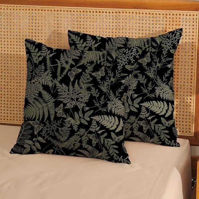 Black Pillow Covers 18x18 Set of 2 Sage Green Wildflower Leaf Plant Decorative Pillowcase Tropical Fern Herbs Botanical Floral Cushion Case Decor Summer Outdoor Throw Pillows for Couch Sofa
