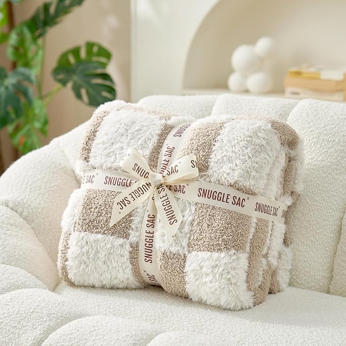 Snuggle Sac Checkered Oversized Throw Blanket Faux Fur Microfiber Blankets for Couch,Cozy Soft Warm Throw XL for Sofa Bedroom Living Room,Beige Checker,50x70 inches