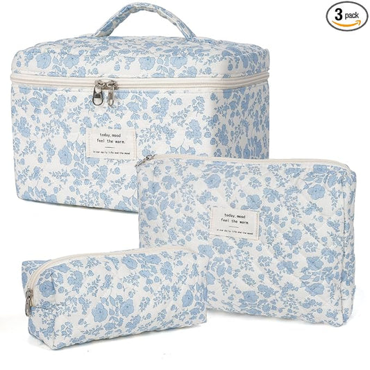 Makeup Bag,Quilted Cosmetic Bag,Large Floral Make Up Bag for Women,Cotton Makeup Bag Set,Flower Travel Toiletry Bag
