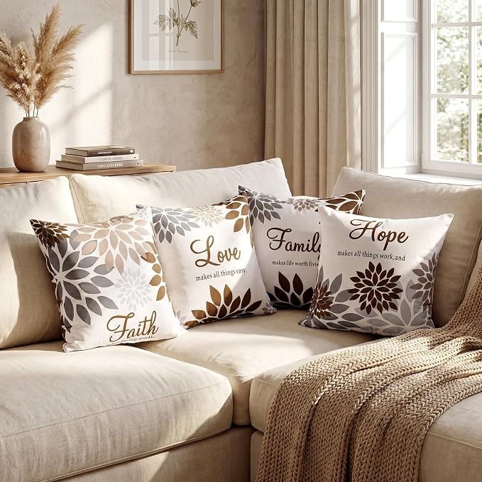 Tatuo 4 Pcs Flower Pillow Covers Square Summer Pillow Cushion Cases 18 x 18 Inch Family Faith Hope Love Words Decorative Spring Winter Cushion Case for Bed Couch Sofa Living Room(Dark Brown Series)